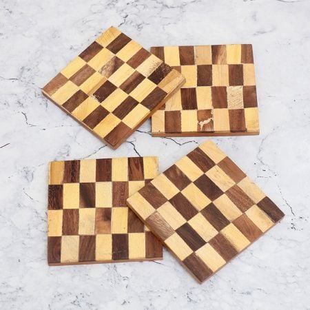 Brown Check Pattern Wooden Coasters - Pack of 4